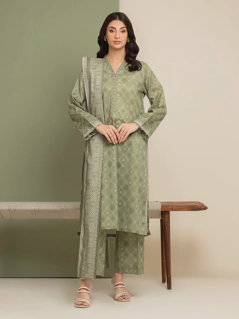 Unstitched Sage Green Printed Lawn 3 Piece