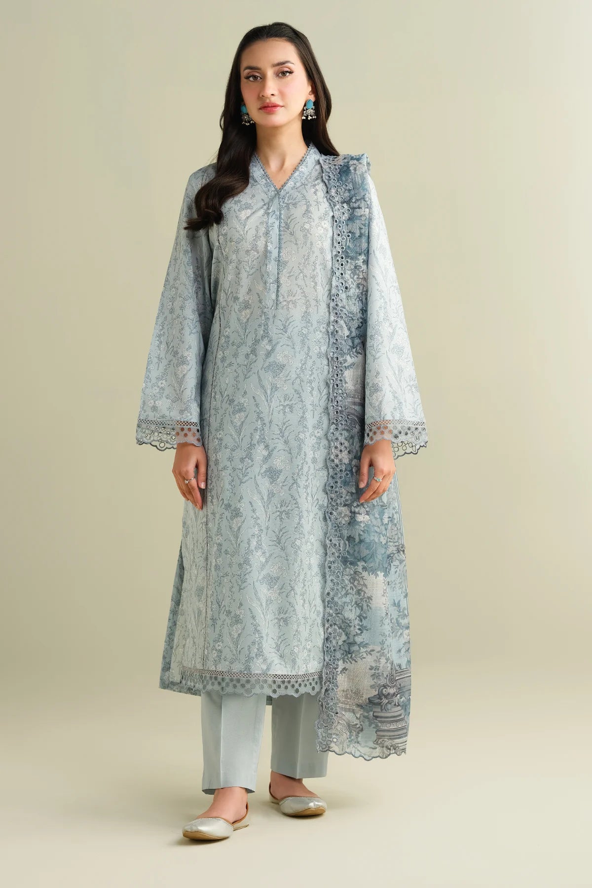 3 Piece - Printed & Embroidered Suit