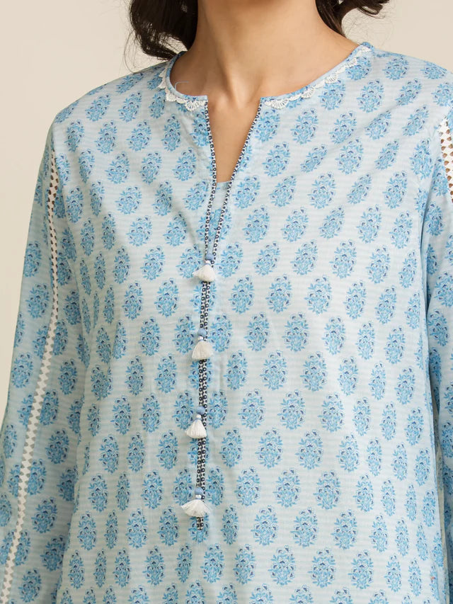 AJ Unstitched Sky Blue Printed Lawn 3 Piece