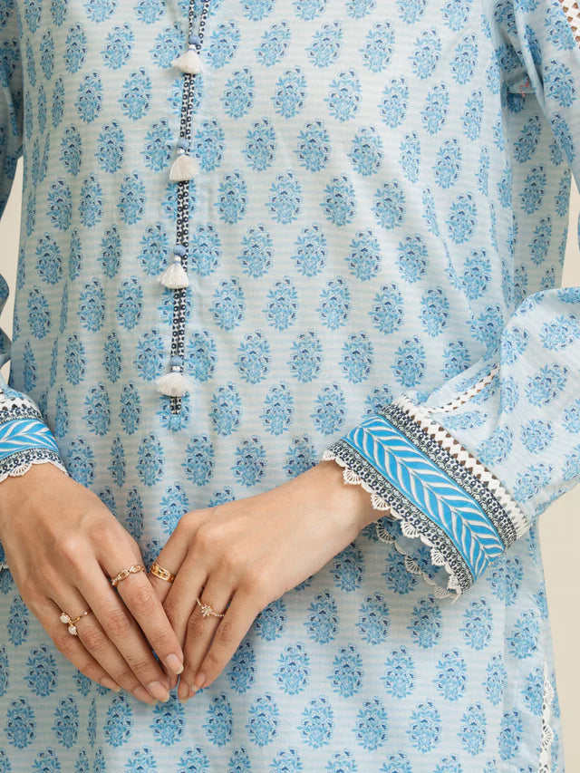 AJ Unstitched Sky Blue Printed Lawn 3 Piece