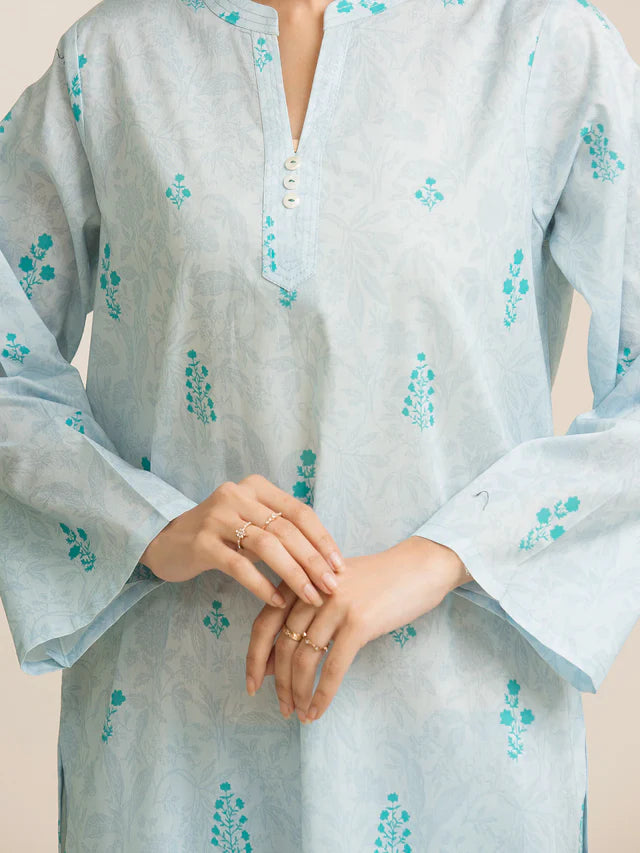 AJ Unstitched Ice Blue Printed Lawn 3 Piece