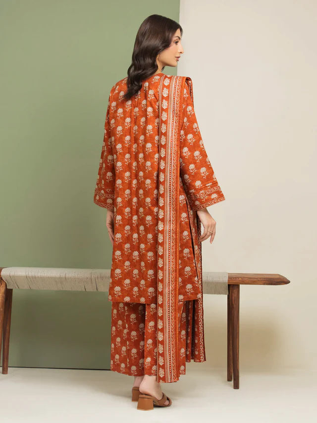 AJ Unstitched Dark Orange Printed Lawn 3 Piece