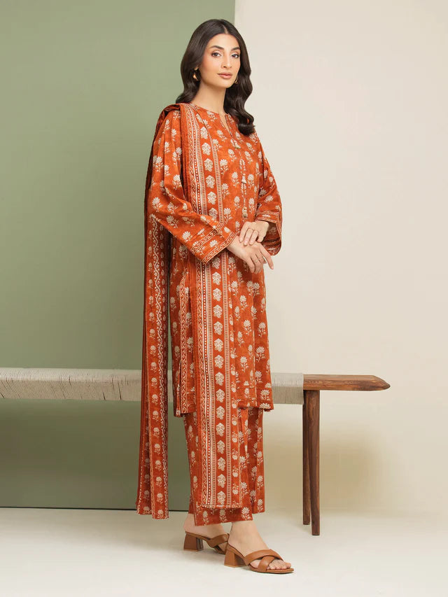 AJ Unstitched Dark Orange Printed Lawn 3 Piece