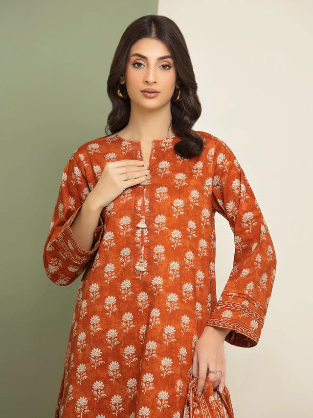 AJ Unstitched Dark Orange Printed Lawn 3 Piece