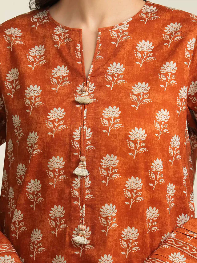 AJ Unstitched Dark Orange Printed Lawn 3 Piece