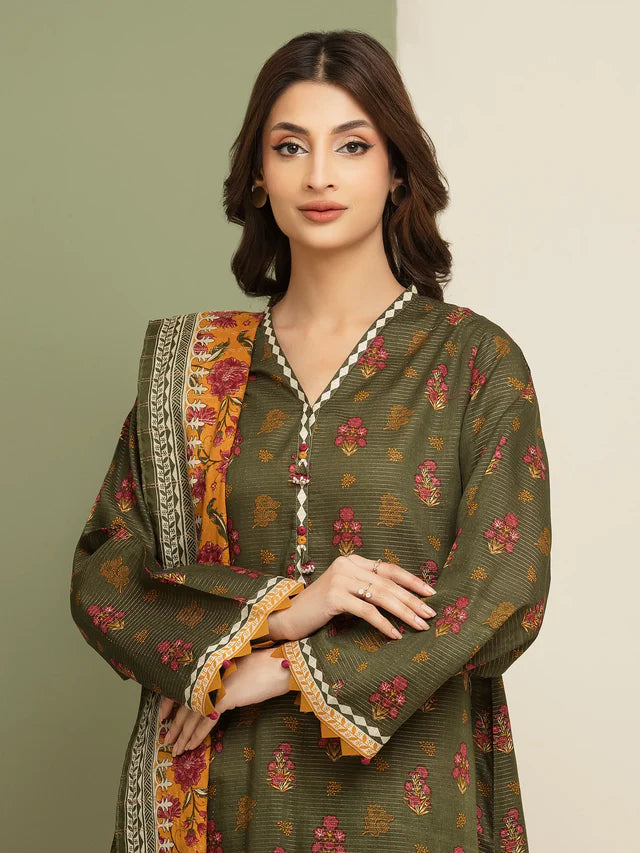 AJ Unstitched Green Printed Zari Lawn 3 Piece