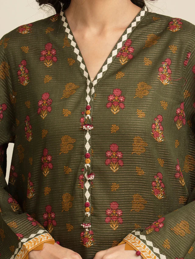 AJ Unstitched Green Printed Zari Lawn 3 Piece