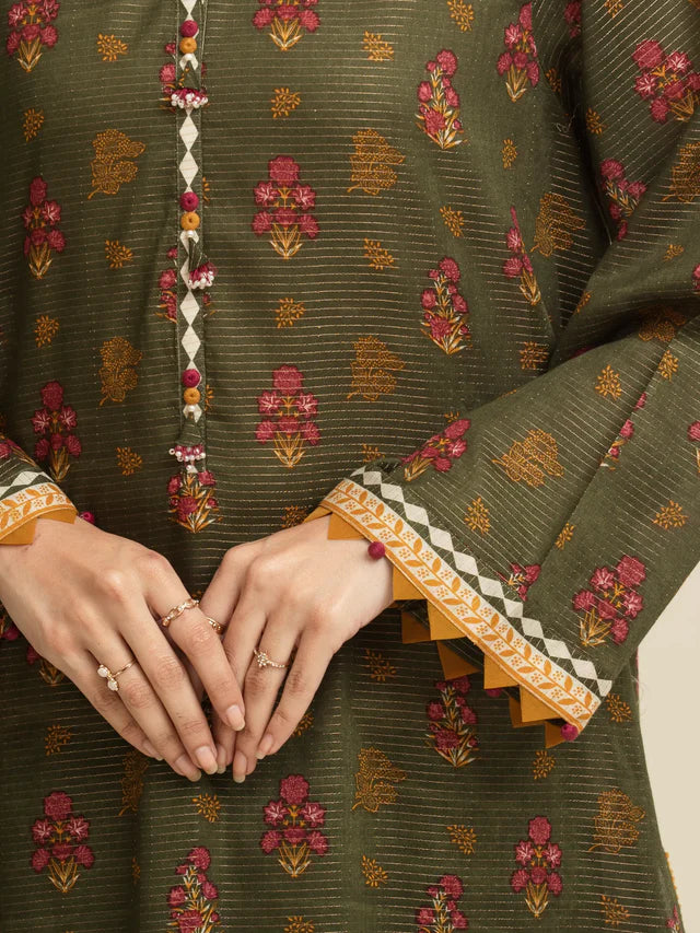 AJ Unstitched Green Printed Zari Lawn 3 Piece