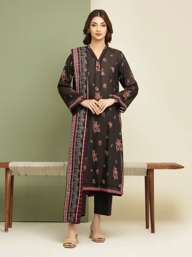 AJ Unstitched Black Printed Zari Lawn 3 Piece
