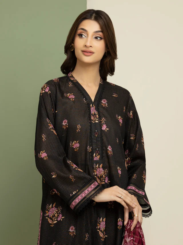 AJ Unstitched Black Printed Zari Lawn 3 Piece