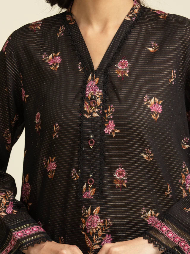 AJ Unstitched Black Printed Zari Lawn 3 Piece