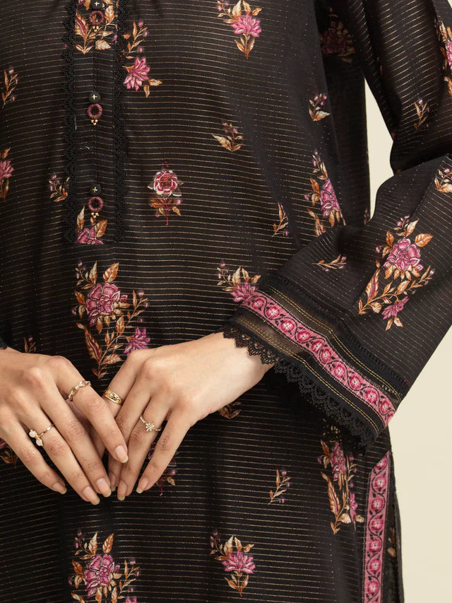 AJ Unstitched Black Printed Zari Lawn 3 Piece