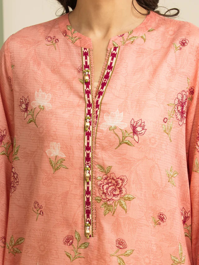 AJ Unstitched Pink Printed Zari Lawn 3 Piece