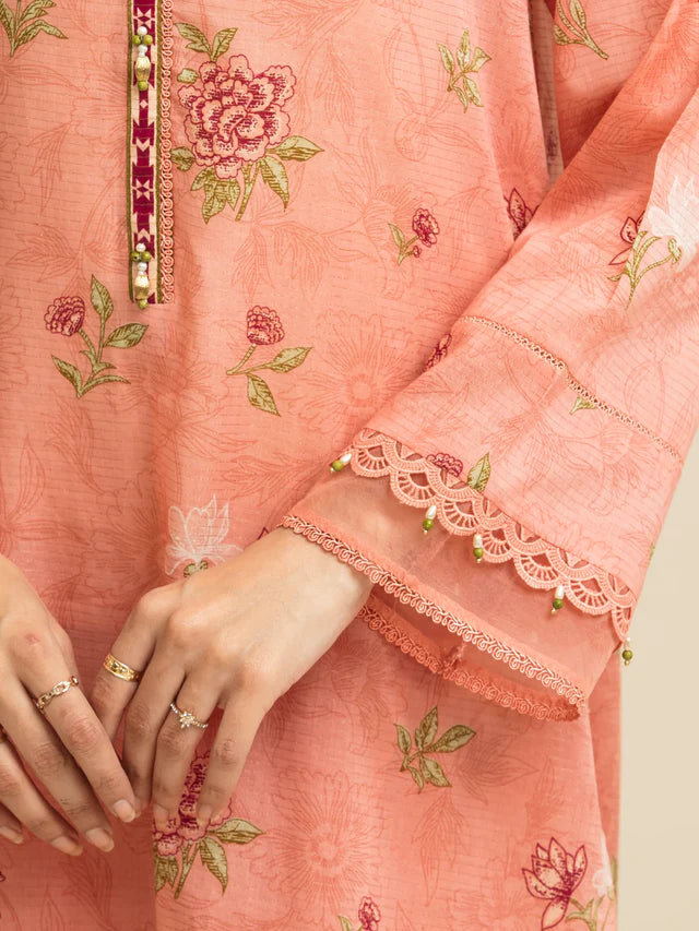 AJ Unstitched Pink Printed Zari Lawn 3 Piece
