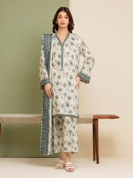 AJ  Unstitched Cream Printed Lawn 3 Piece