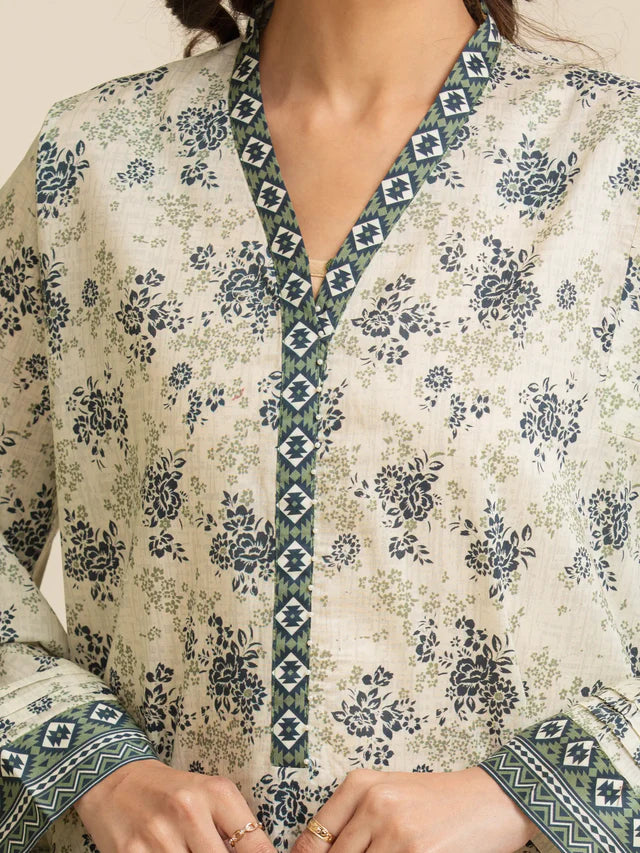 AJ  Unstitched Cream Printed Lawn 3 Piece