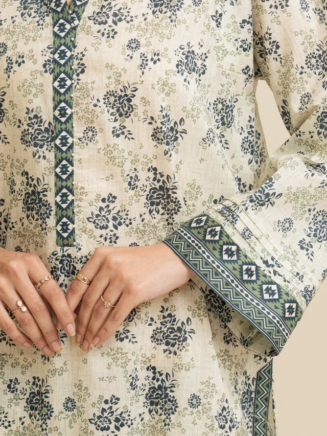 AJ  Unstitched Cream Printed Lawn 3 Piece