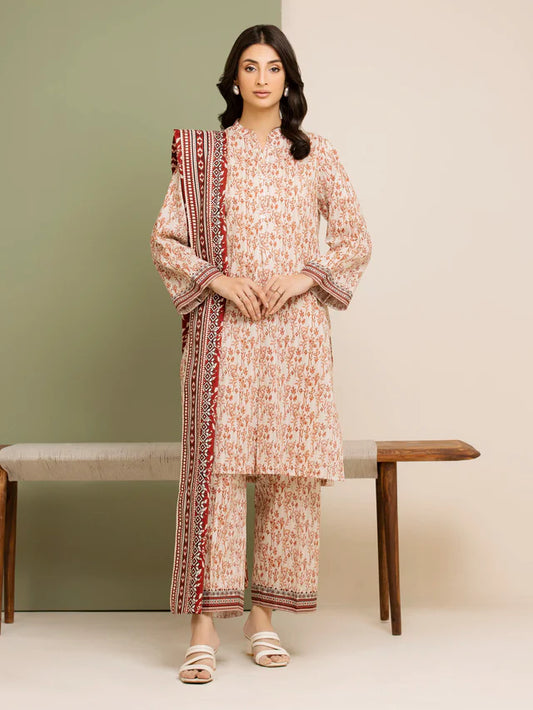 AJ  Unstitched Cream Printed Lawn 3 Piece