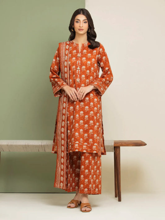 AJ  Unstitched Dark Orange Printed Lawn 3 Piece