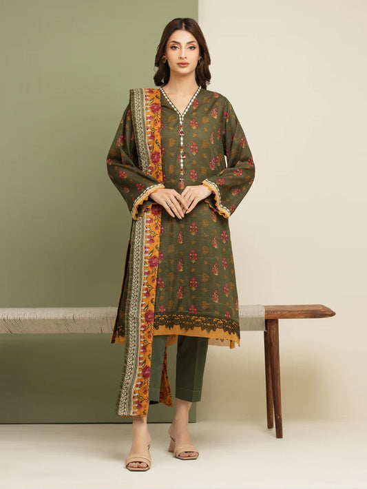 AJ  Unstitched Green Printed Zari Lawn 3 Piece
