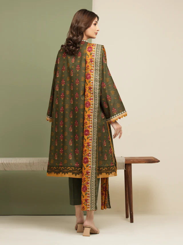 AJ  Unstitched Green Printed Zari Lawn 3 Piece