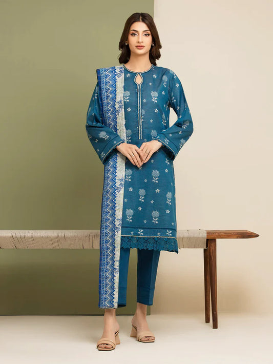 AJ  Unstitched Teal Blue Printed Zari Lawn 3 Piece