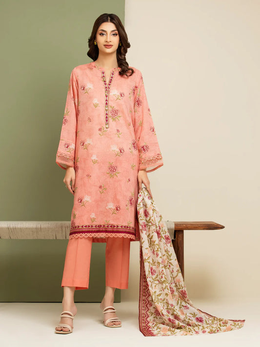AJ  Unstitched Pink Printed Zari Lawn 3 Piece