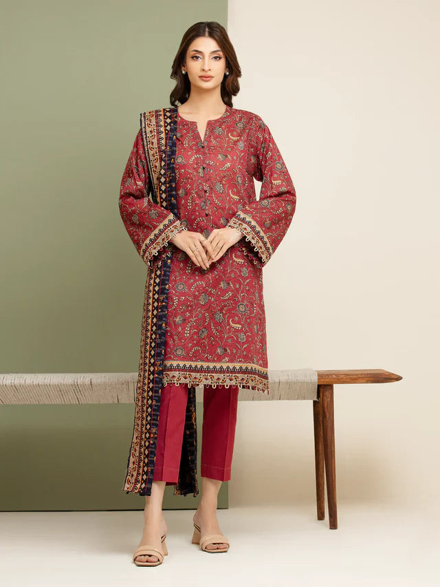 AJ  Unstitched Maroon Printed Zari Lawn 3 Piece