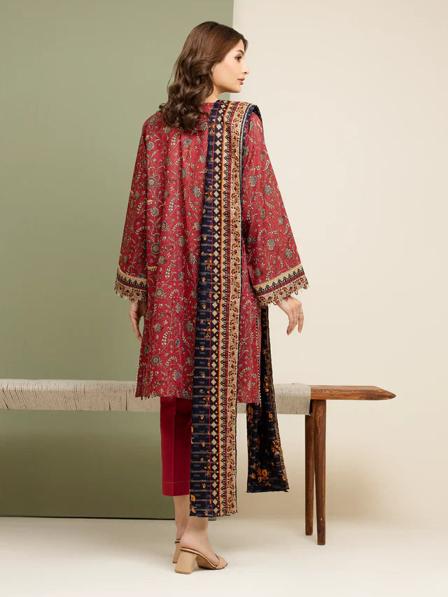 AJ  Unstitched Maroon Printed Zari Lawn 3 Piece