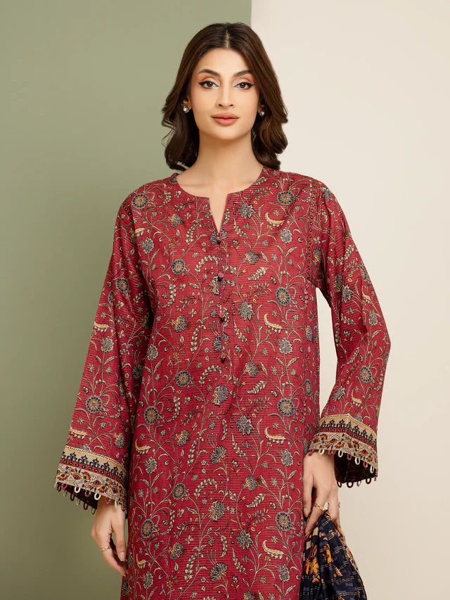 AJ  Unstitched Maroon Printed Zari Lawn 3 Piece