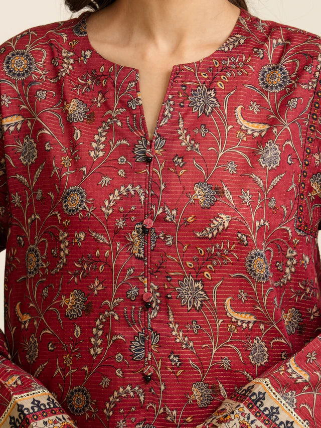 AJ  Unstitched Maroon Printed Zari Lawn 3 Piece