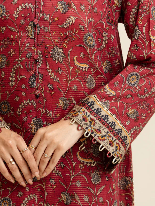 AJ  Unstitched Maroon Printed Zari Lawn 3 Piece
